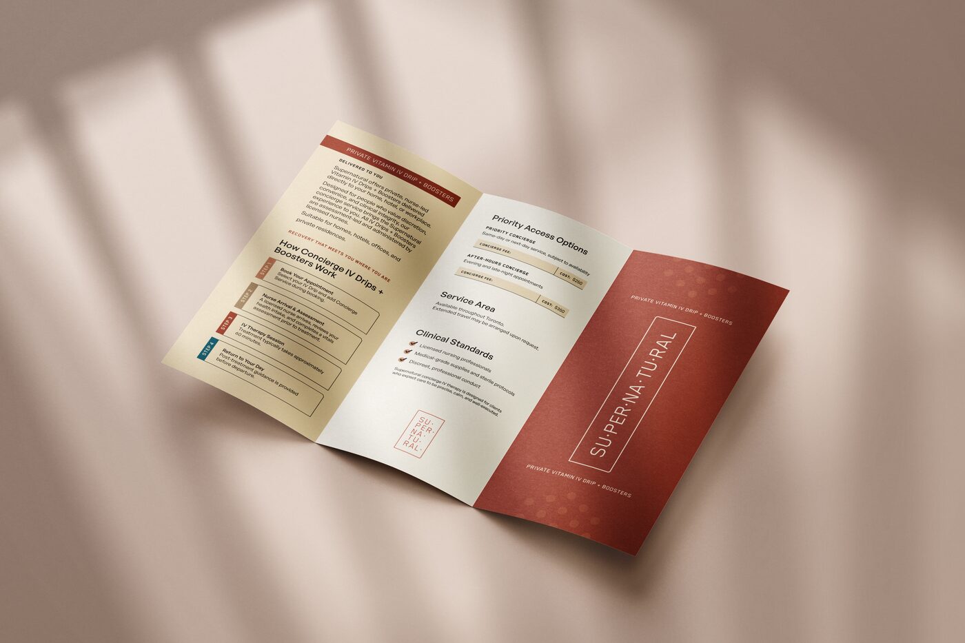 Health service brochure design shown as an open tri-fold.