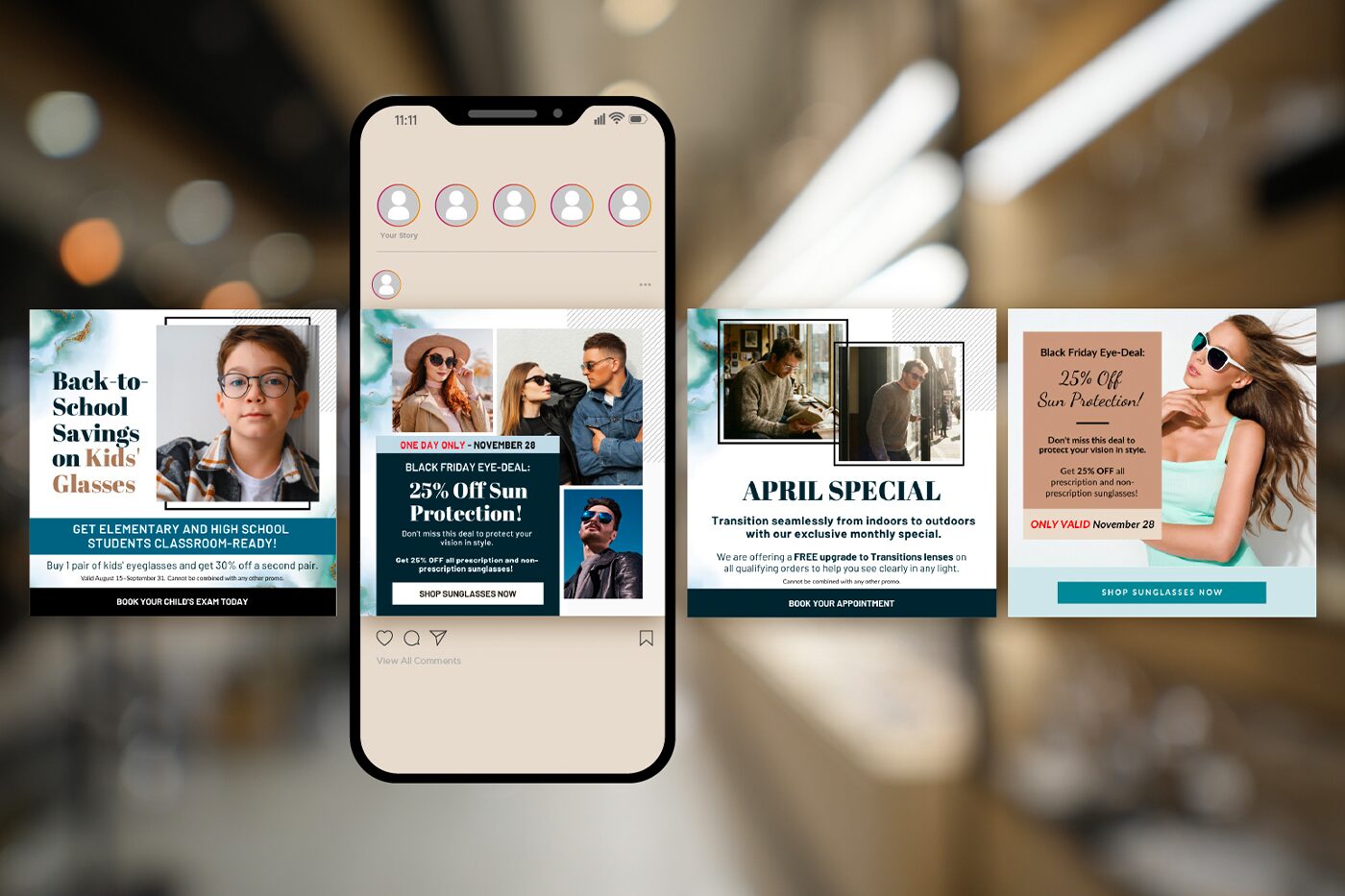 Eyewear campaign graphics shown on a phone and as square social posts.