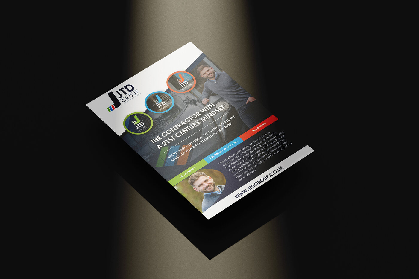 Printed advertisement flyer design shown at an angle.