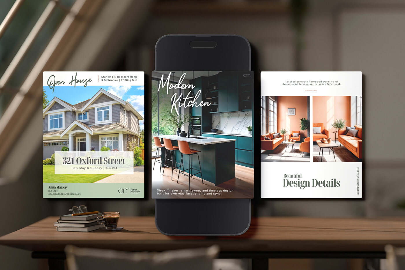 Property marketing graphics shown on a phone and as printed cards.