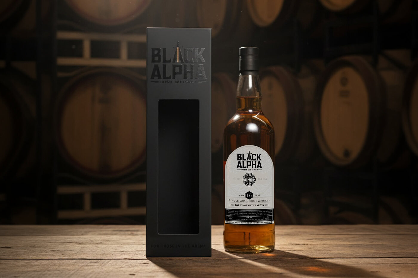 Whisky bottle and presentation box packaging design.