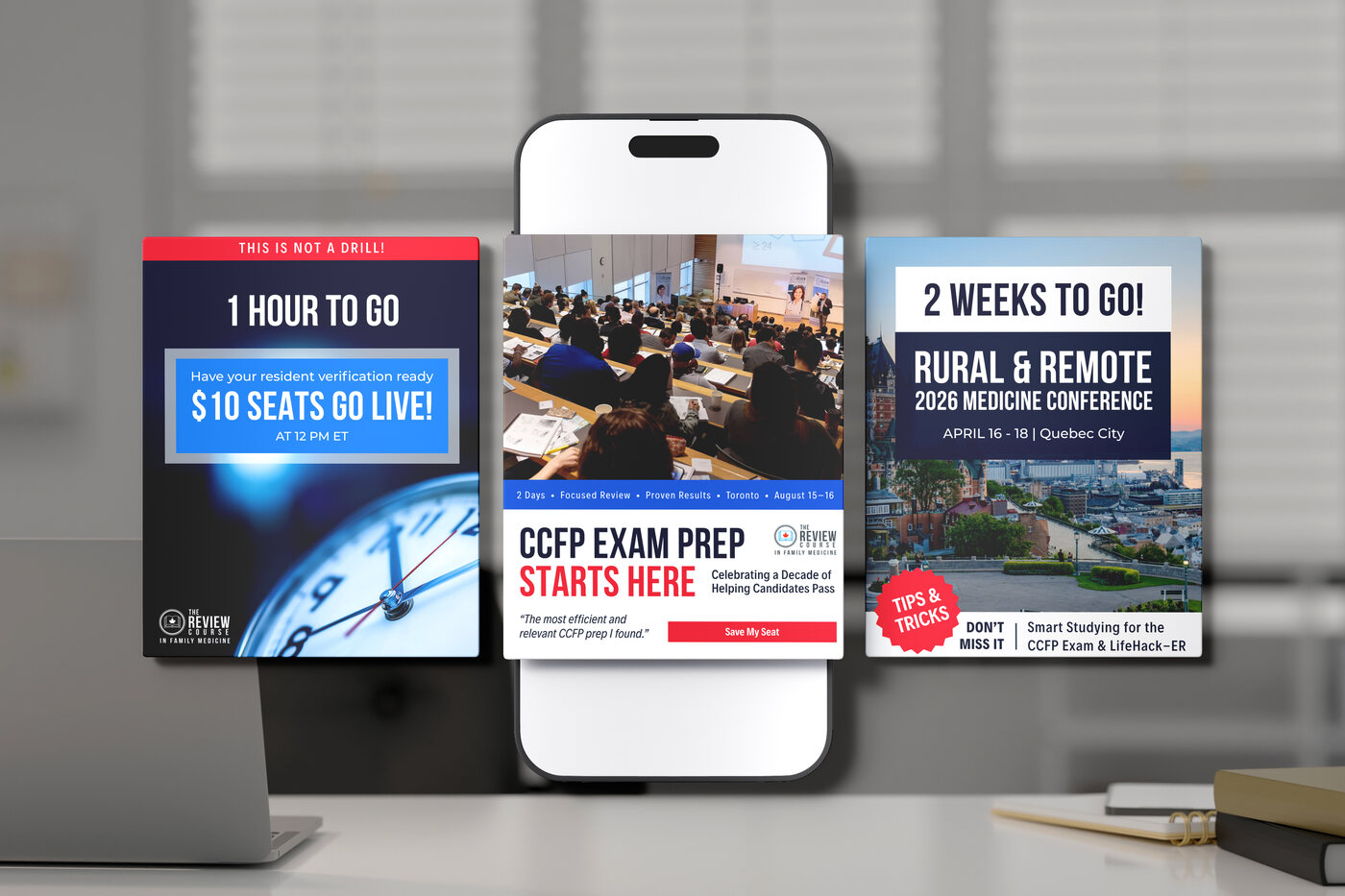 Course promotion graphics shown on a phone and as social posts.