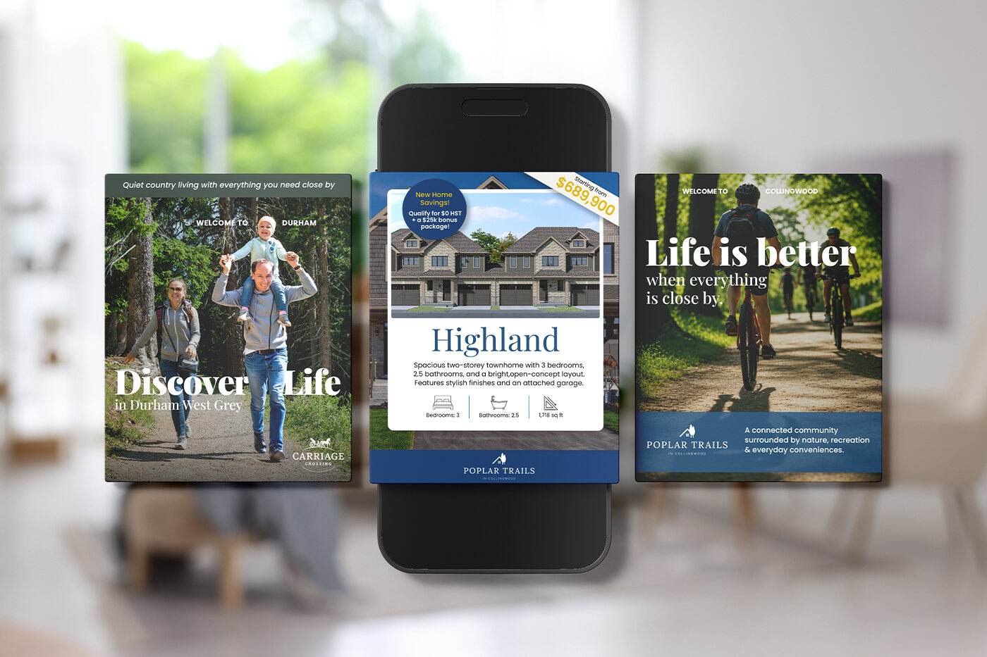 Residential development marketing shown on a phone and as printed brochures.